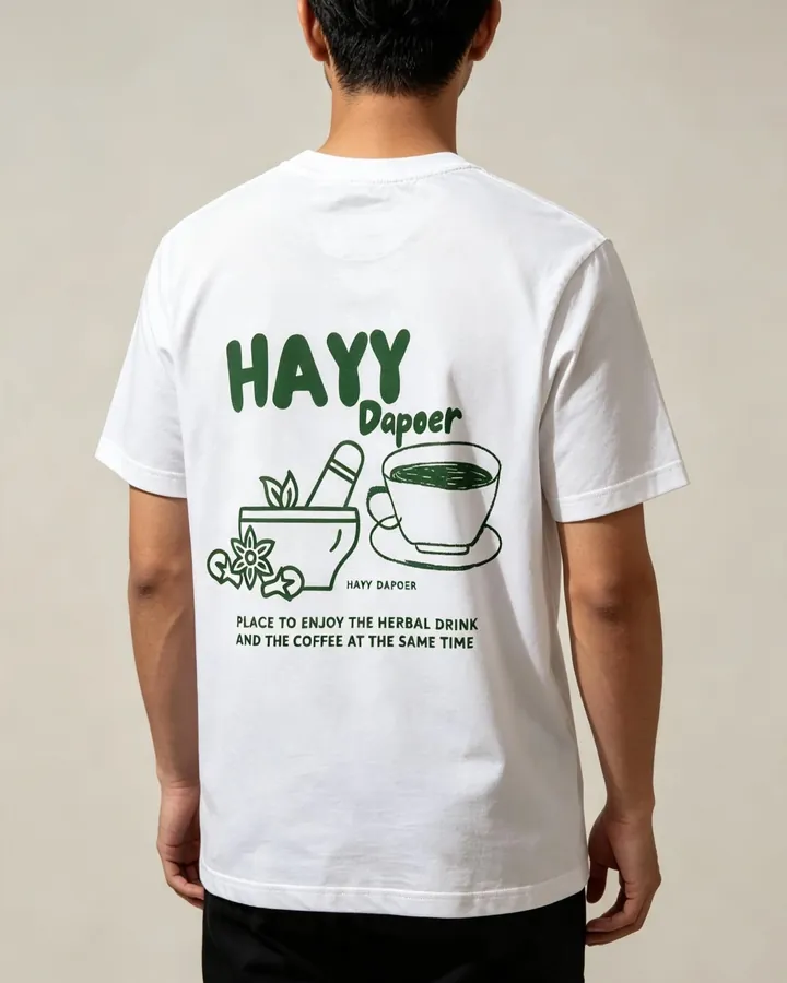 Back of a white HAYY DAPOER tee worn by a man, printed in green with the HAYY Dapoer name, a mortar of spices and a cup of coffee